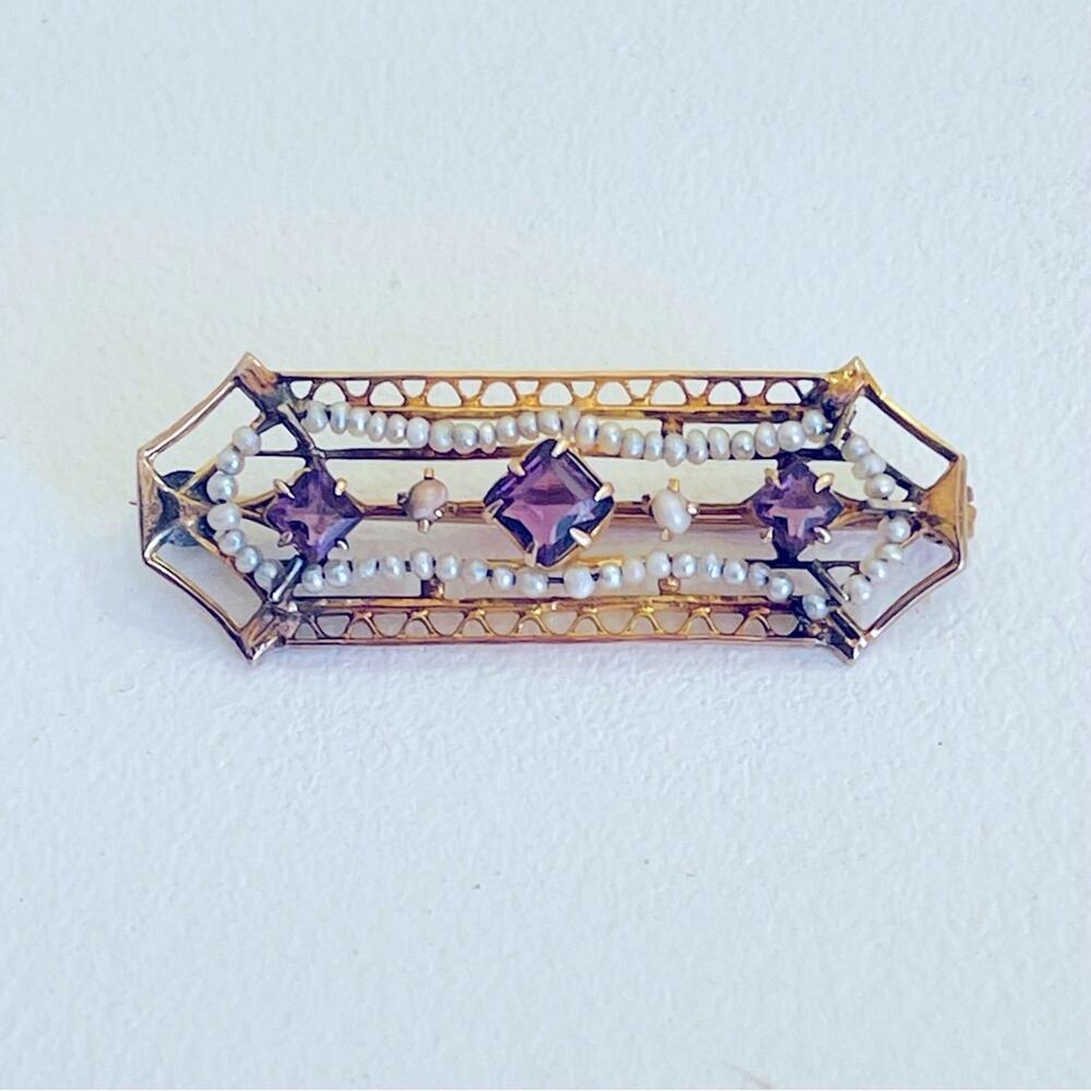 10k Gold Peal Amethyst Antique Bar Pin Brooch Ostby Barton 1920s Art Deco Victor